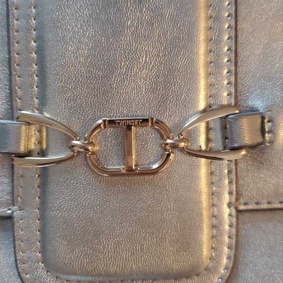 TWINSET MILANO Metallic Patent Leather Clutch Silver Gold - Picture 6 of 11